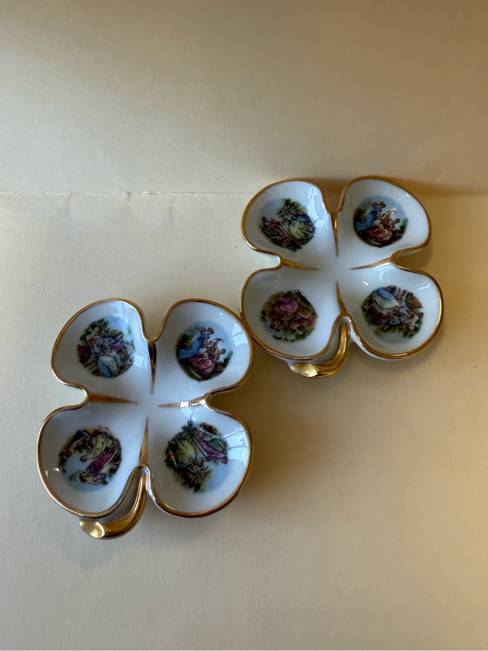 Vintage Pair Limoges Porcelain Clover Courting Couple Gold Gilt Trinket Trays.